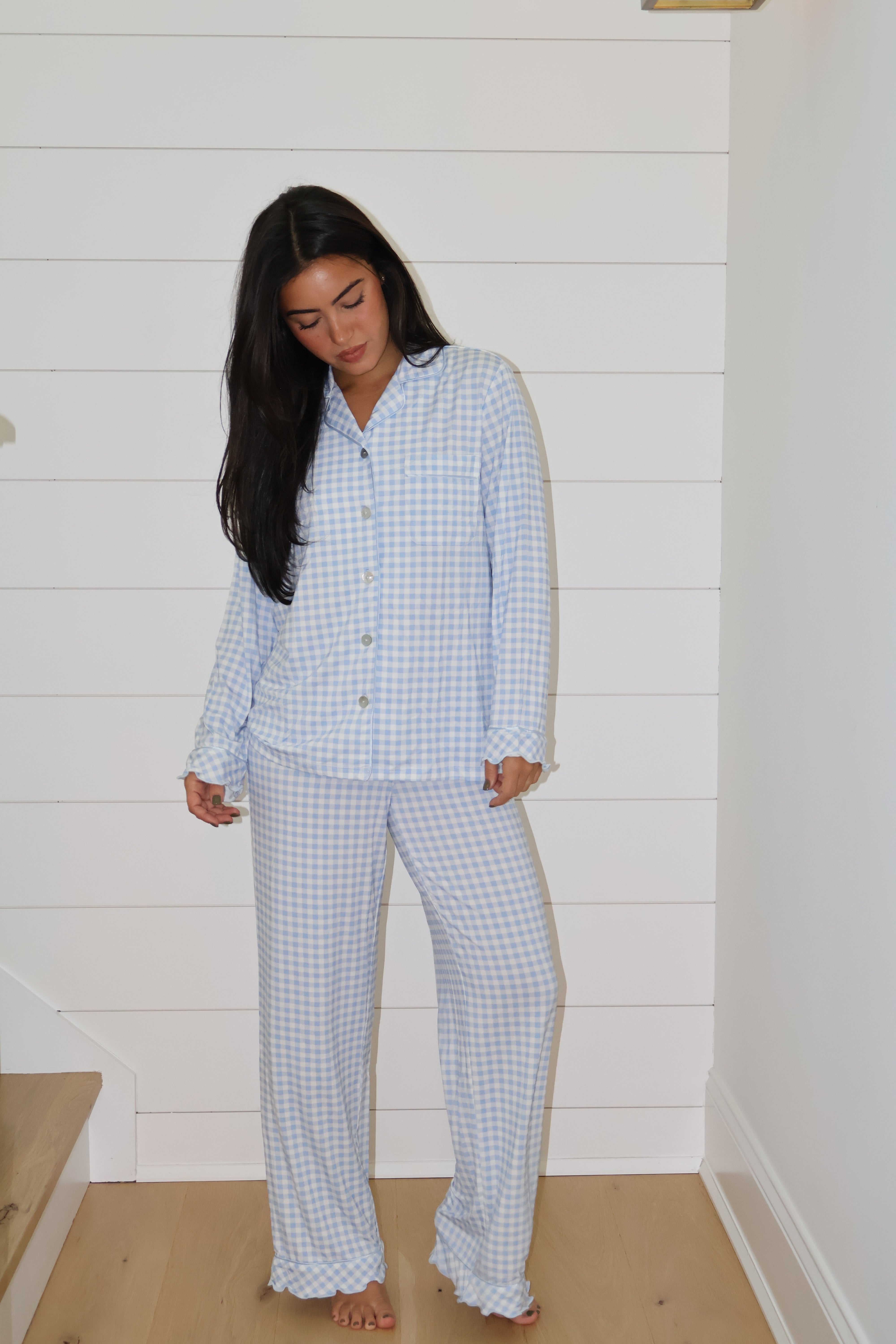 Ruffle Bamboo Pajama Set in Blue Gingham – Waverles