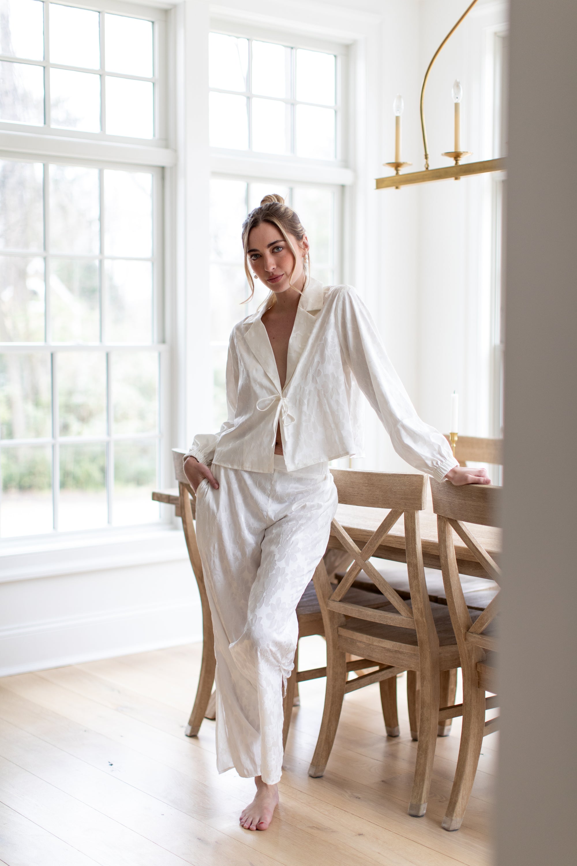 Lily Bridal Floral Jacquard Tie Front Pant Set in Dove