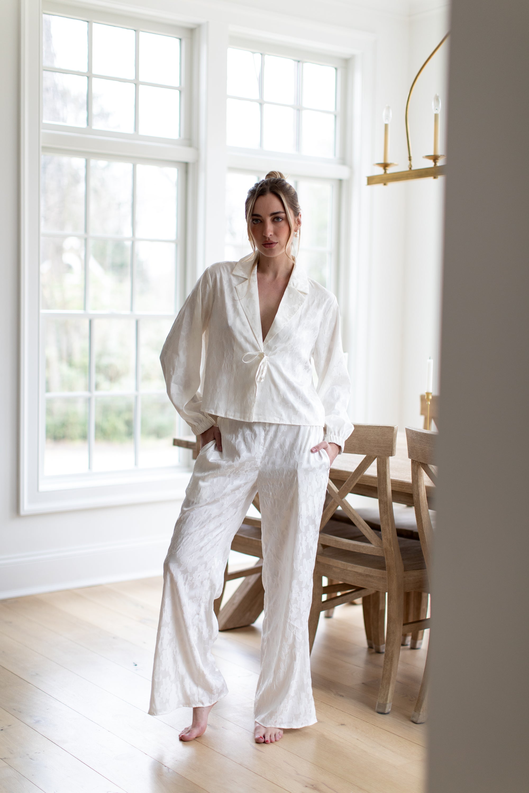 Lily Bridal Floral Jacquard Tie Front Pant Set in Dove