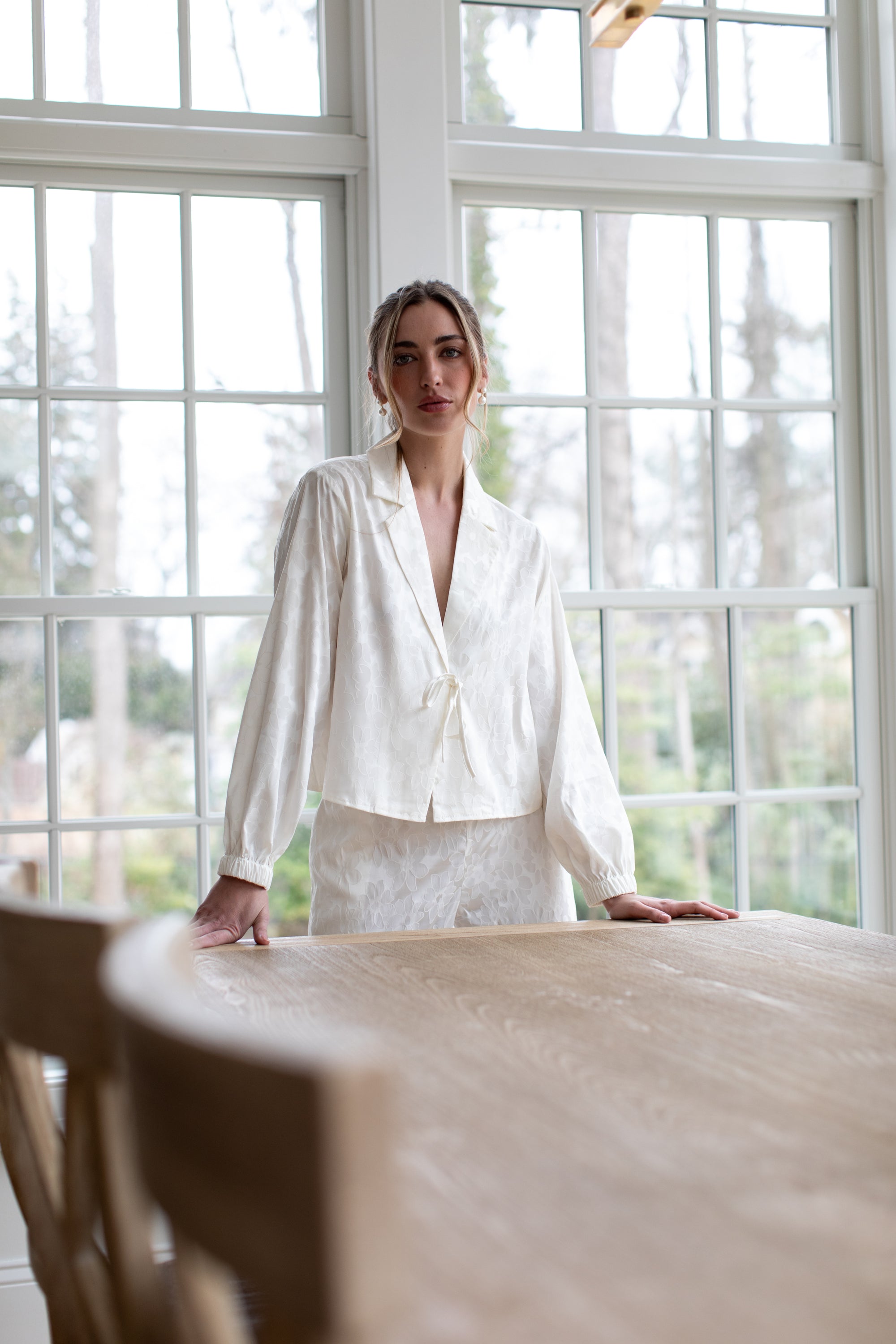 Lily Bridal Floral Jacquard Tie Front Pant Set in Dove