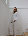 Ruffle Bamboo Pajama Bridal Pant Set Sky Trim