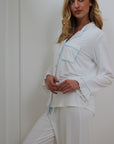 Ruffle Bamboo Pajama Bridal Pant Set Sky Trim