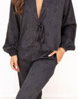 Lily Bridal Jacquard Tie Front Pant Set in Noir