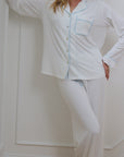 Ruffle Bamboo Pajama Bridal Pant Set Sky Trim