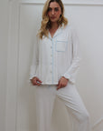 Ruffle Bamboo Pajama Bridal Pant Set Sky Trim