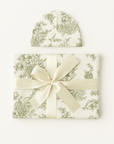 Bamboo Baby Swaddle Blanket & Hat Set in Olive Toile