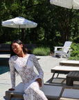 Model wearing the Lace Maxi bridal dress with long sleeves