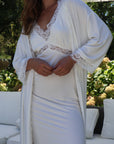 Bamboo Lace Trim Long Robe in Dove