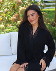 Bamboo Lace Trim Short Robe in Noir