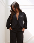 Lily Bridal Floral Jacquard Tie Front Pant Set in Noir