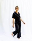 Sophia Floral Silky Jacquard Short Sleeve Pant Set in Noir