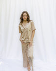 Sophia Floral Silky Jacquard Short Sleeve Pant Set in Champagne