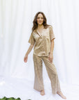 Sophia Floral Silky Jacquard Short Sleeve Pant Set in Champagne