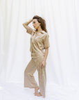Sophia Floral Silky Jacquard Short Sleeve Pant Set in Champagne