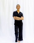 Sophia Floral Silky Jacquard Short Sleeve Pant Set in Noir