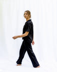 Sophia Floral Silky Jacquard Short Sleeve Pant Set in Noir