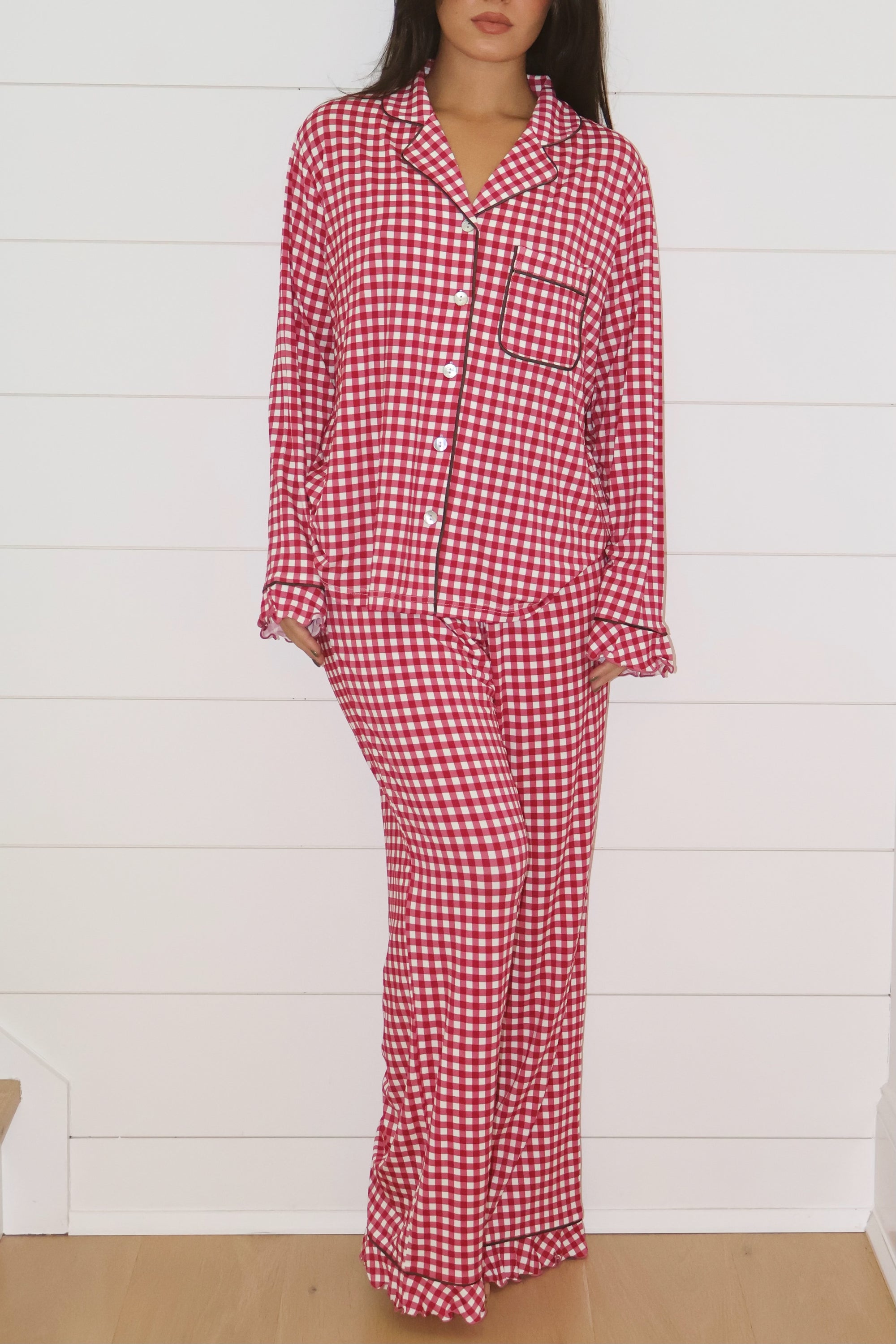 Ruffle Bamboo Pajama Set in Berry Gingham