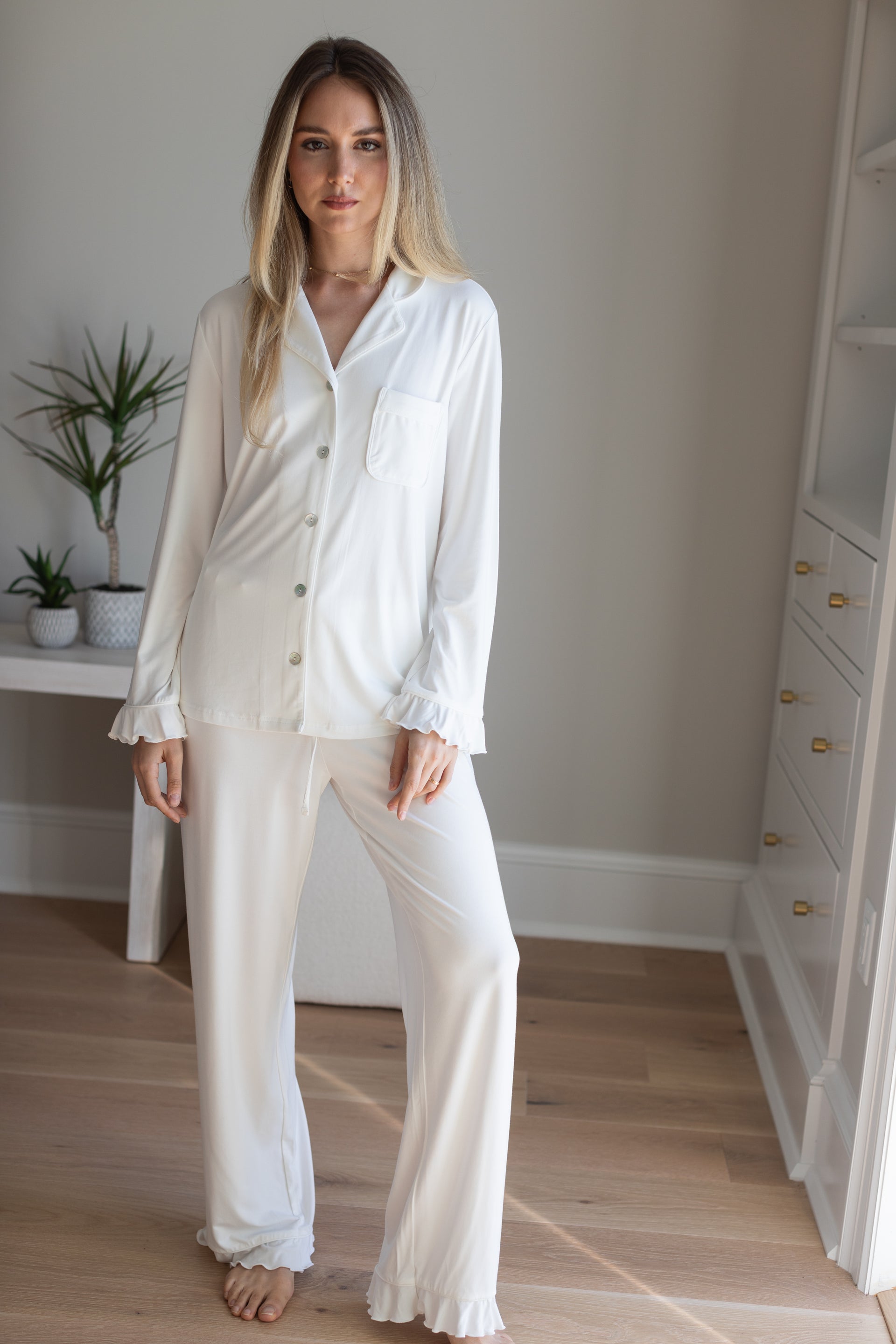 Bridal Shower: Ruffle Bamboo Pajama Bridal Pant Set in Dove - Size L