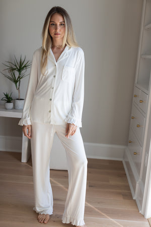 Ruffle Bamboo Pajama Bridal Pant Set in Dove