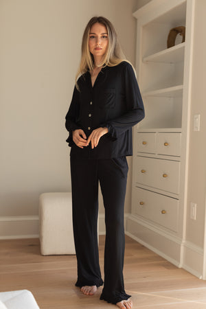 Ruffle Bamboo Pajama Bridal Pant Set in Black