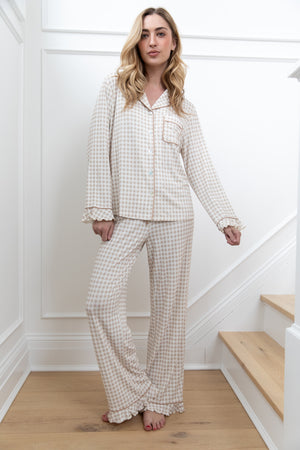 Ruffle Bamboo Pajama Set in Tan Gingham