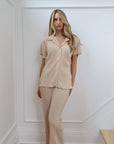 Pleated Short Sleeve Pant Bridal Set in Champagne