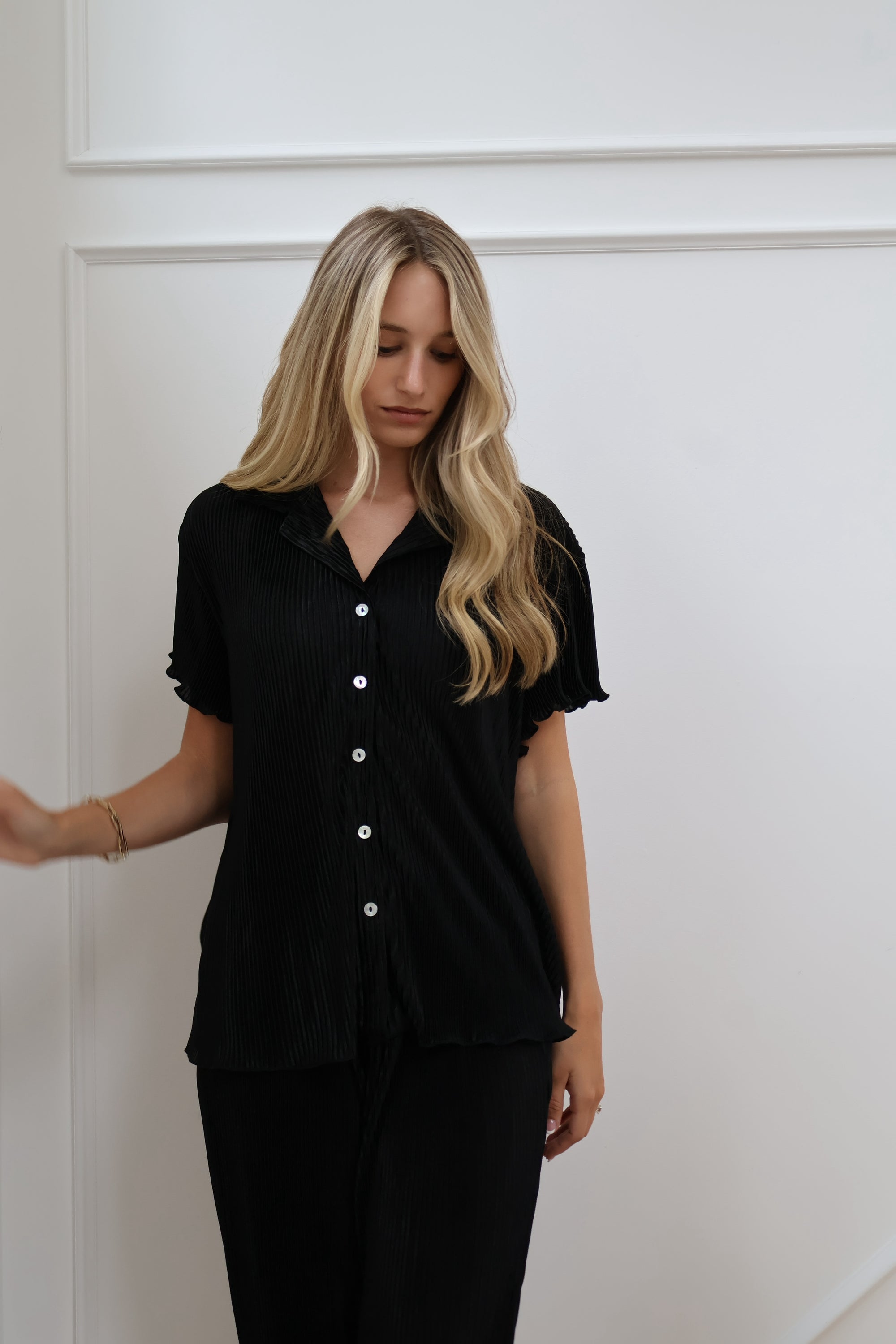Pleats Please Short Sleeve Bridal Pant Set in Noir