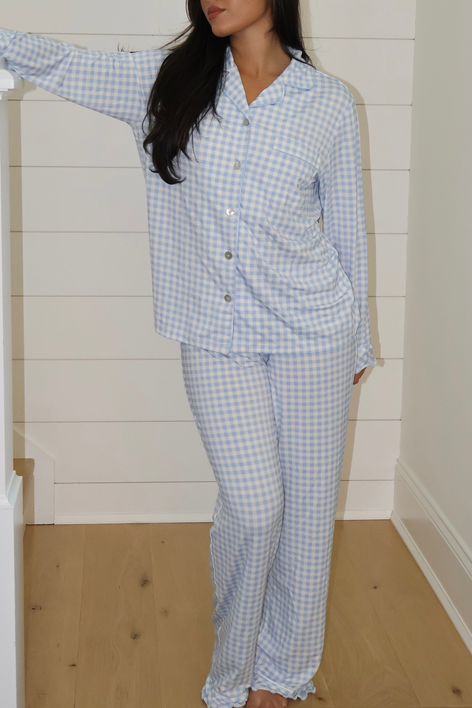 Ruffle Bamboo Pajama Set in Blue Gingham