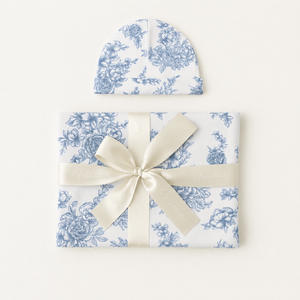 Bamboo Swaddle Blanket & Hat Set in Blue Toile