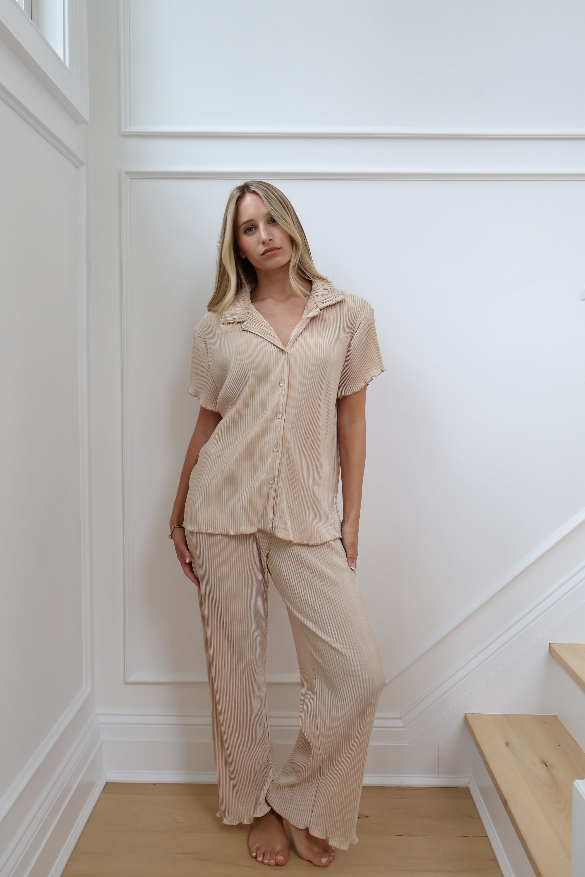 Pleated Short Sleeve Pant Bridal Set in Champagne