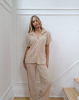 Pleated Short Sleeve Pant Bridal Set in Champagne