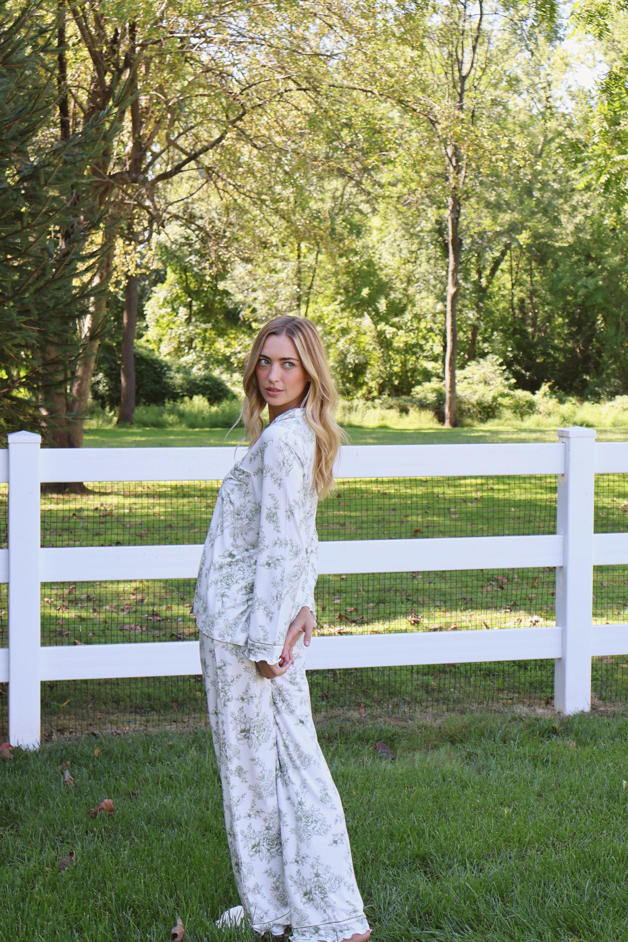 Olive Toile Ruffle Bamboo Pajama Pant Set