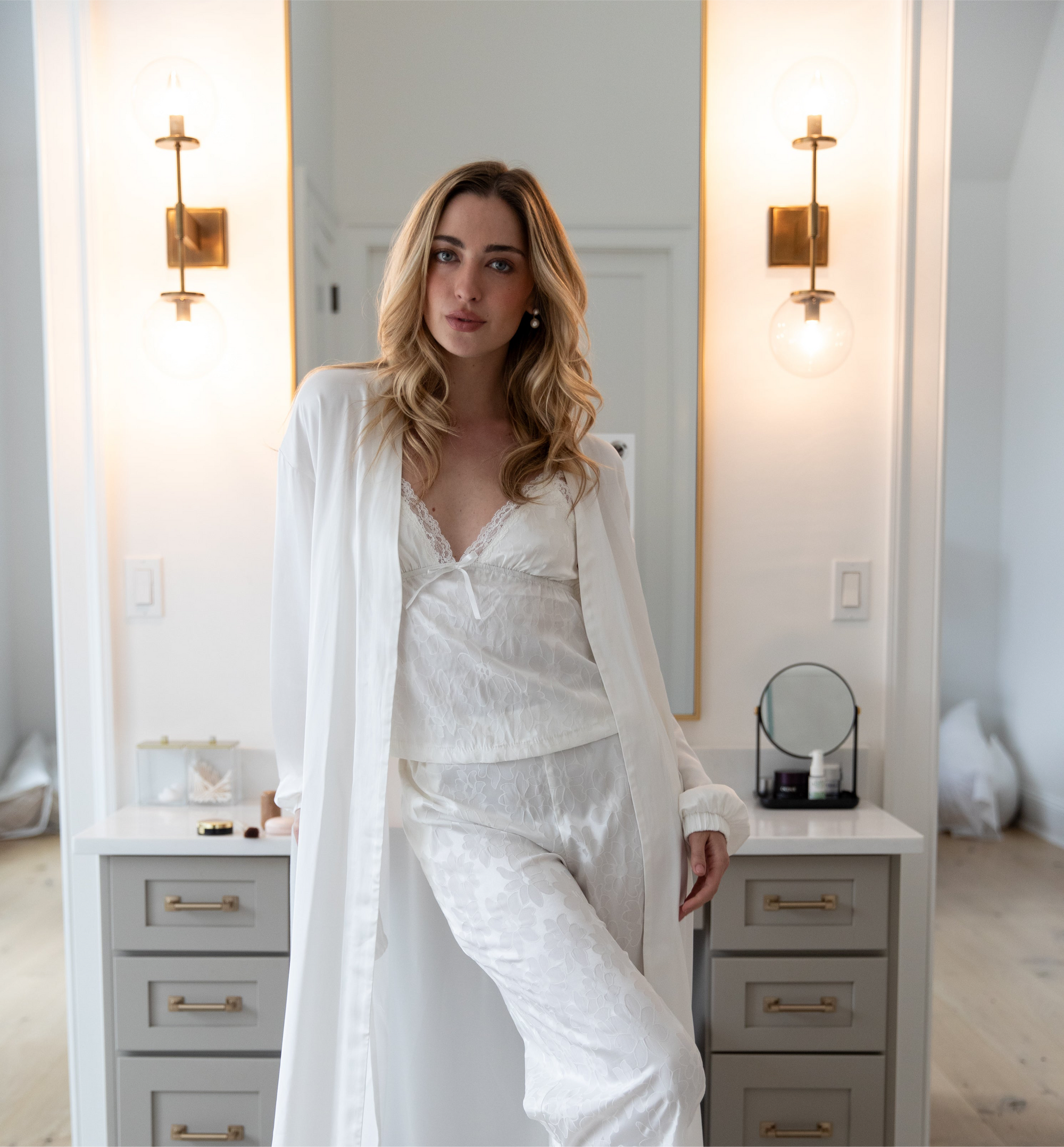 Avery Bridal Floral Silky Jacquard Cami Pant Set In Dove