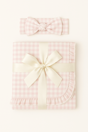 Bamboo Baby Swaddle Blanket & Headband in Pink Gingham