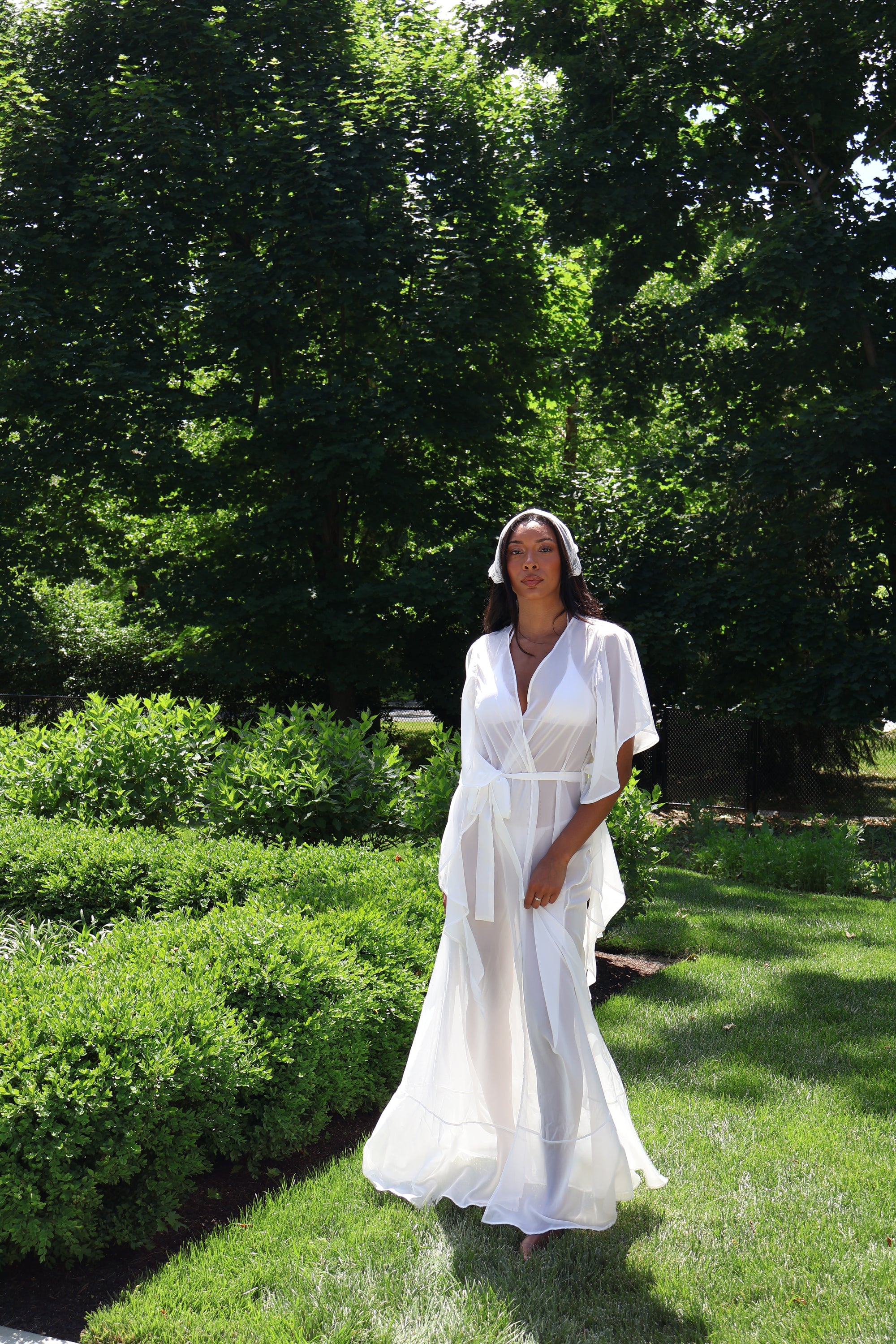 chiffon dressing robe Long White Bridal Robe | Semi-sheer Chiffon Kimono