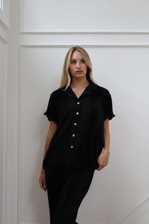 Pleated Short Sleeve Pant Set in Black
