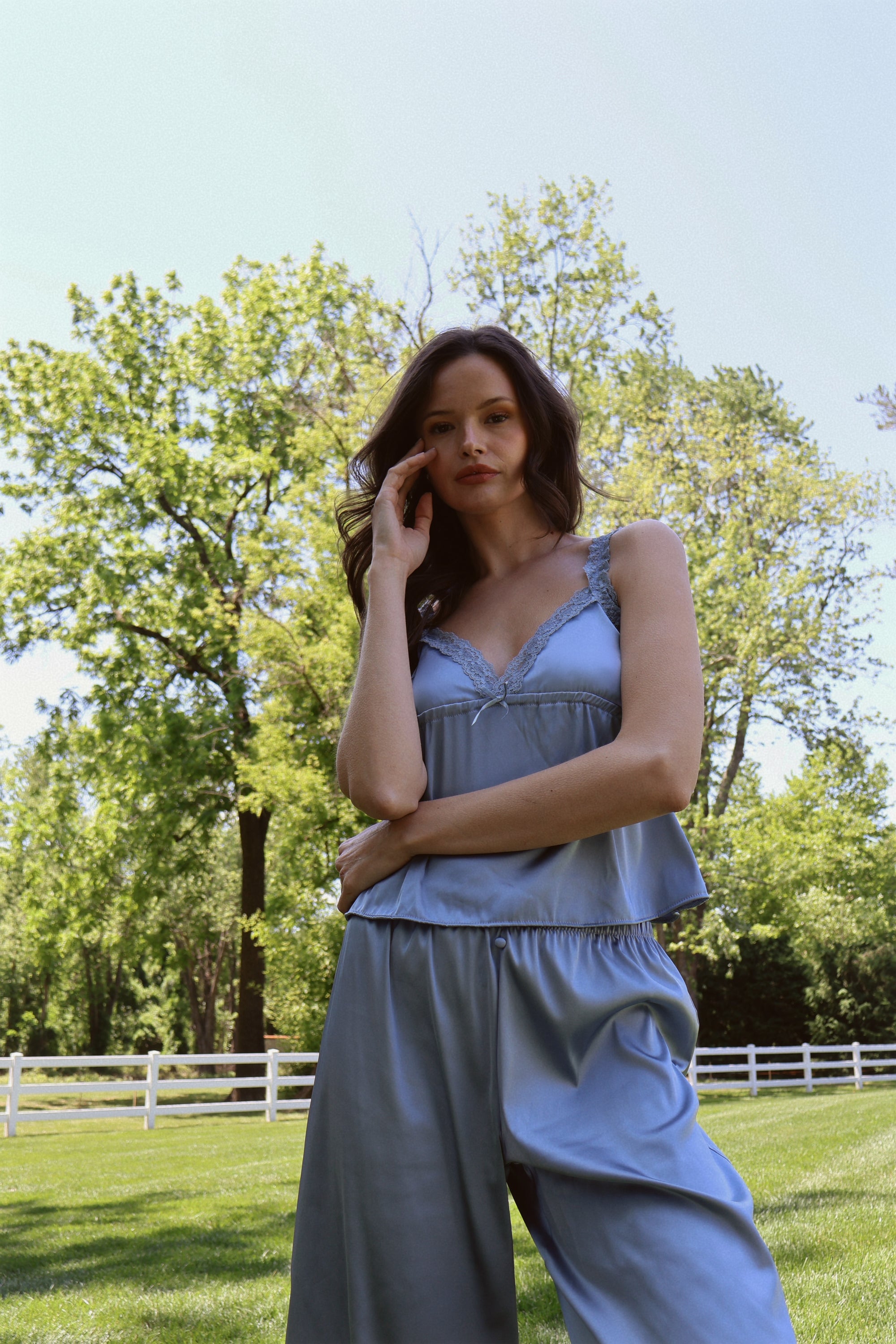 Estelle Silky Satin Set in Dusty Blue