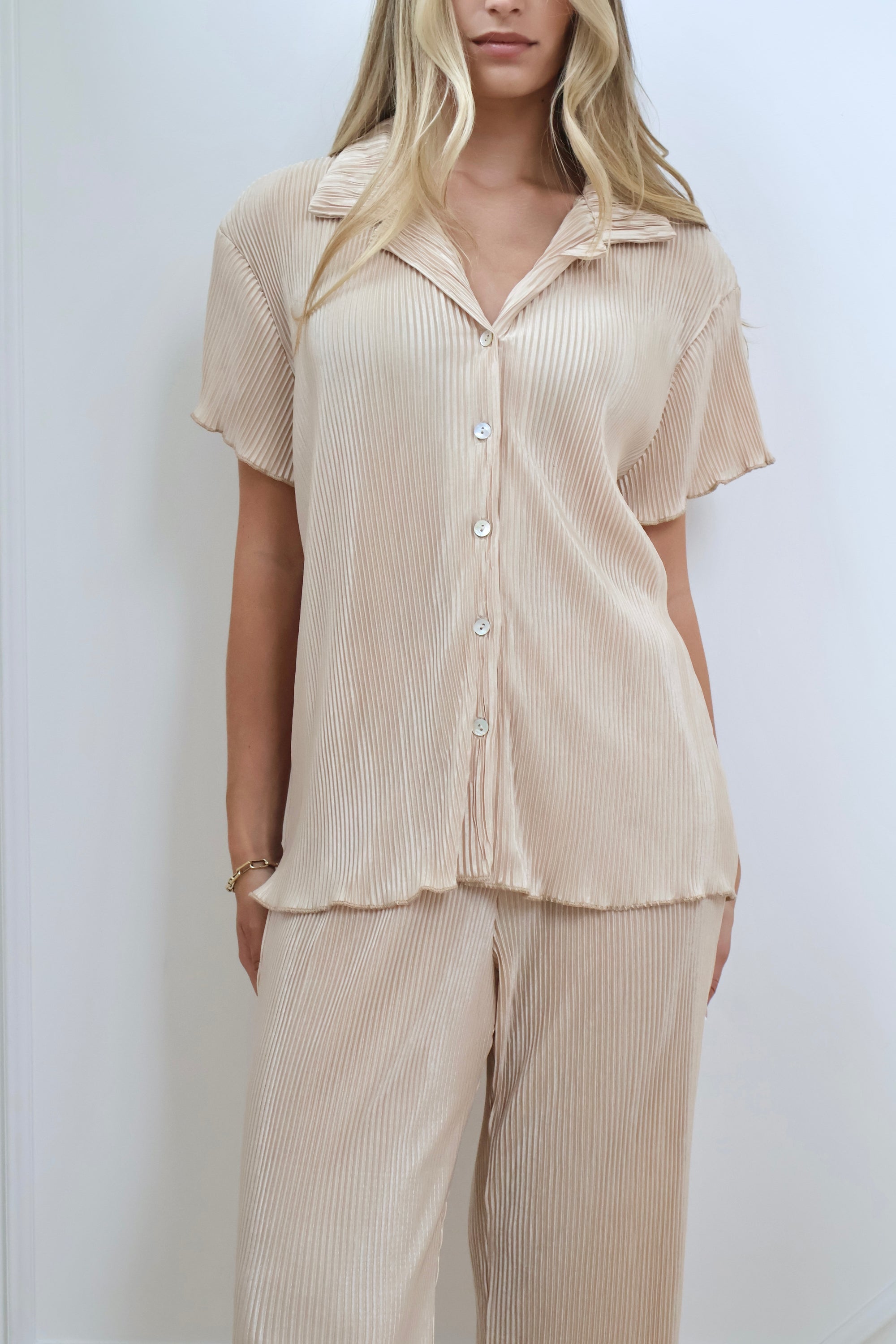Pleated Short Sleeve Pant Bridal Set in Champagne