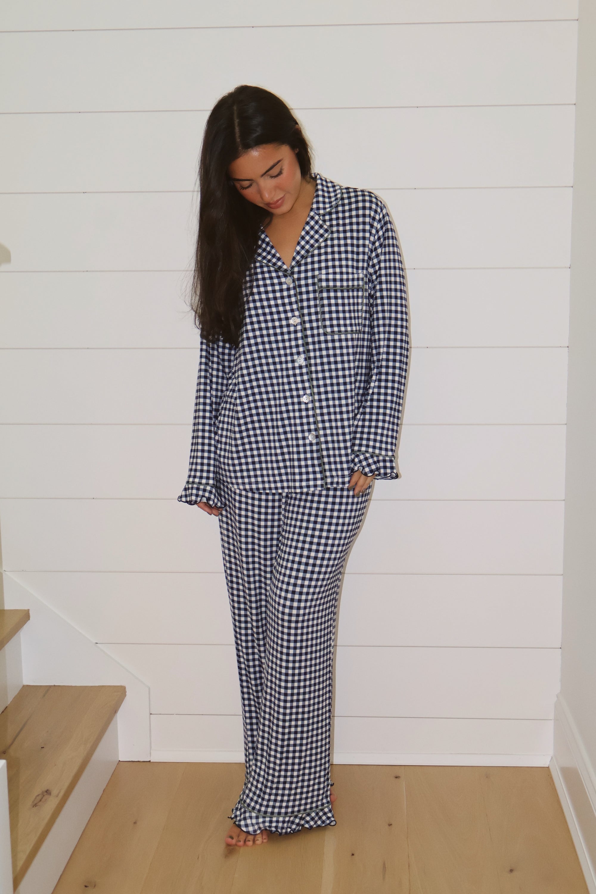 Ruffle Bamboo Pajama Set in Navy Gingham