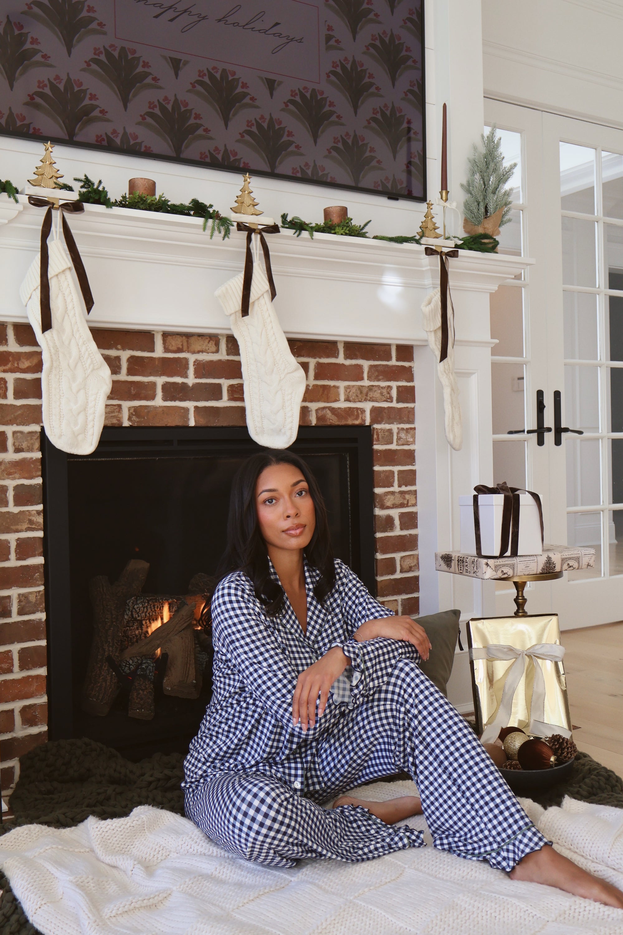 Ruffle Bamboo Pajama Set in Navy Gingham