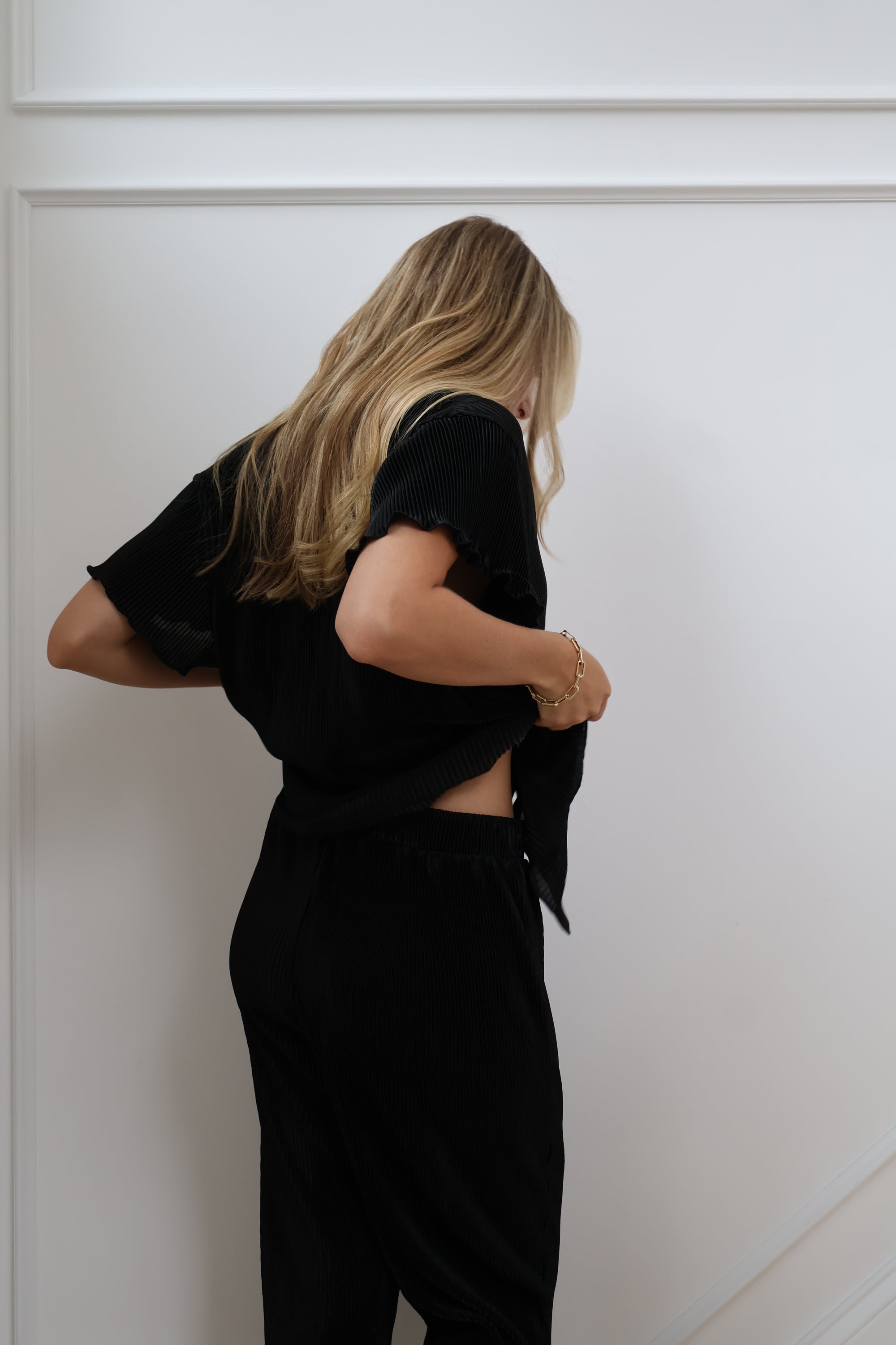 Pleats Please Short Sleeve Bridal Pant Set in Noir
