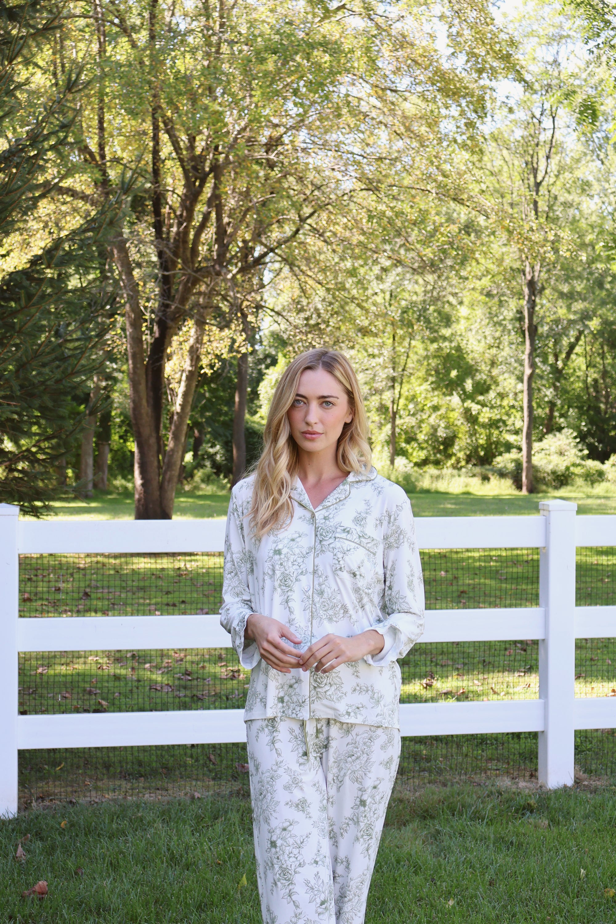 Olive Toile Ruffle Bamboo Pajama Pant Set