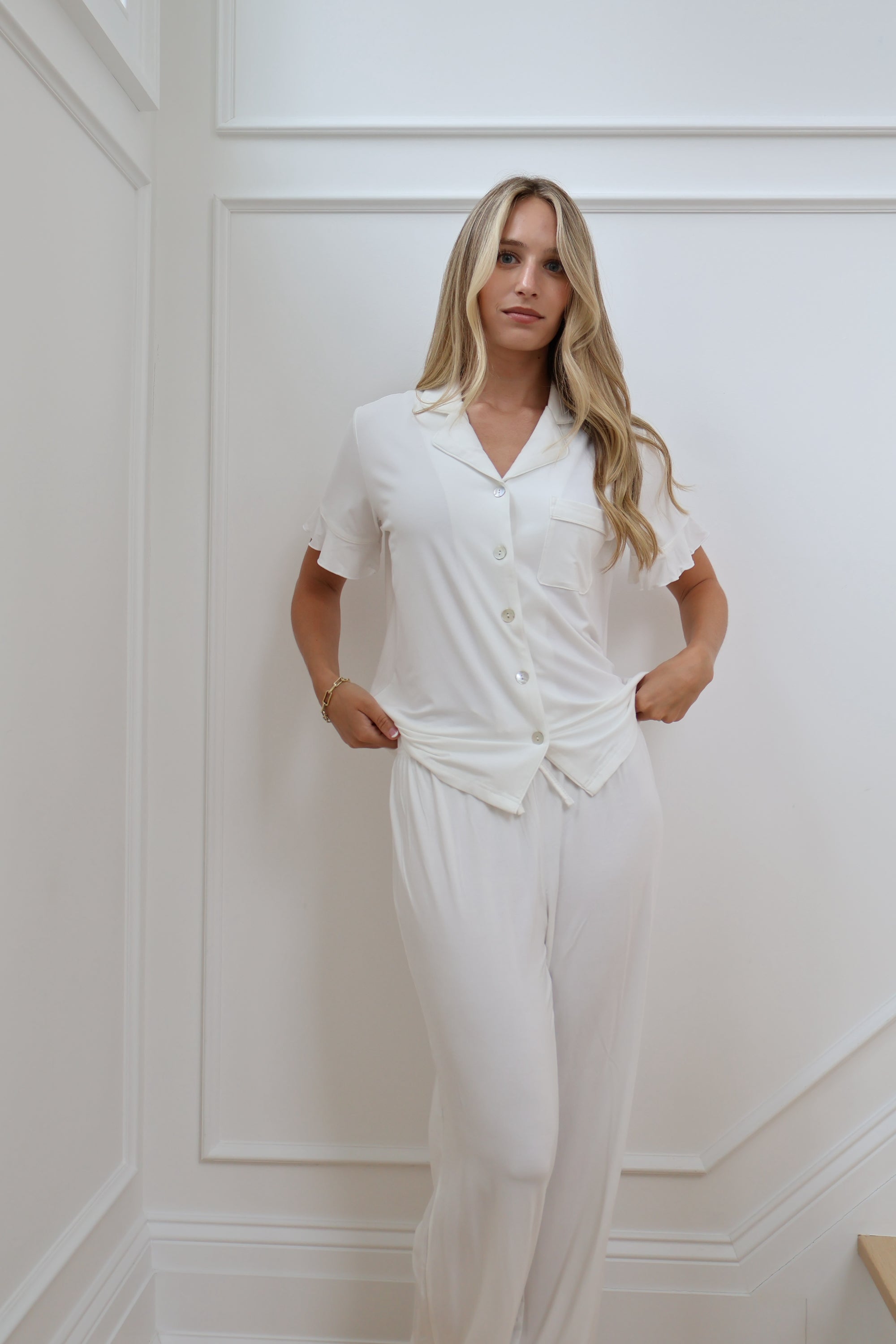 Ruffle Bamboo Pajama Short Bridal Sleeve Pant Set in Dove
