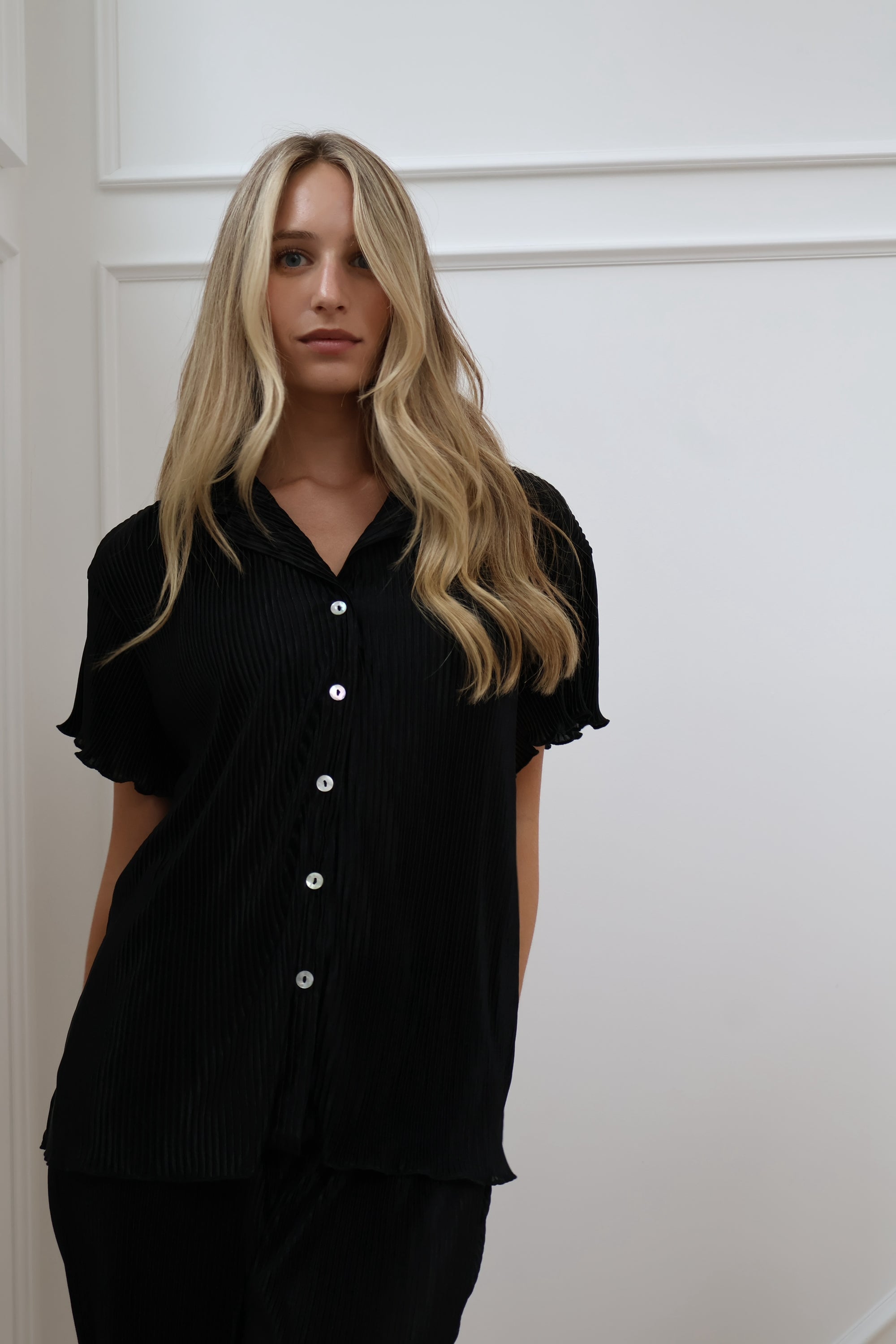 Pleats Please Short Sleeve Bridal Pant Set in Noir