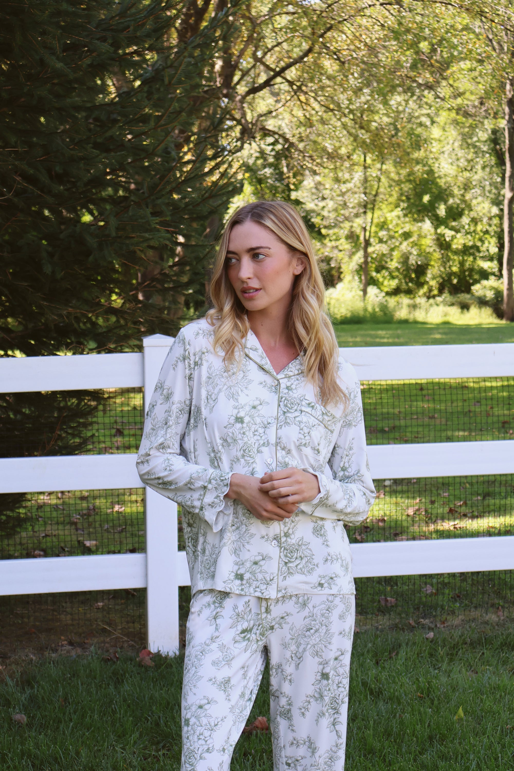 Olive Toile Ruffle Bamboo Pajama Pant Set