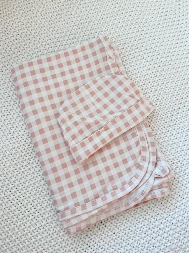 Bamboo Baby Swaddle Blanket &amp; Hat Set in Tan Gingham