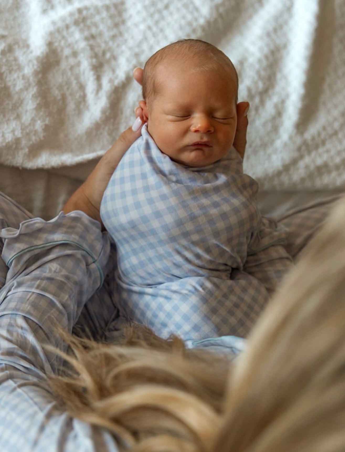 Bamboo Baby Swaddle Blanket &amp; Hat in Blue Gingham