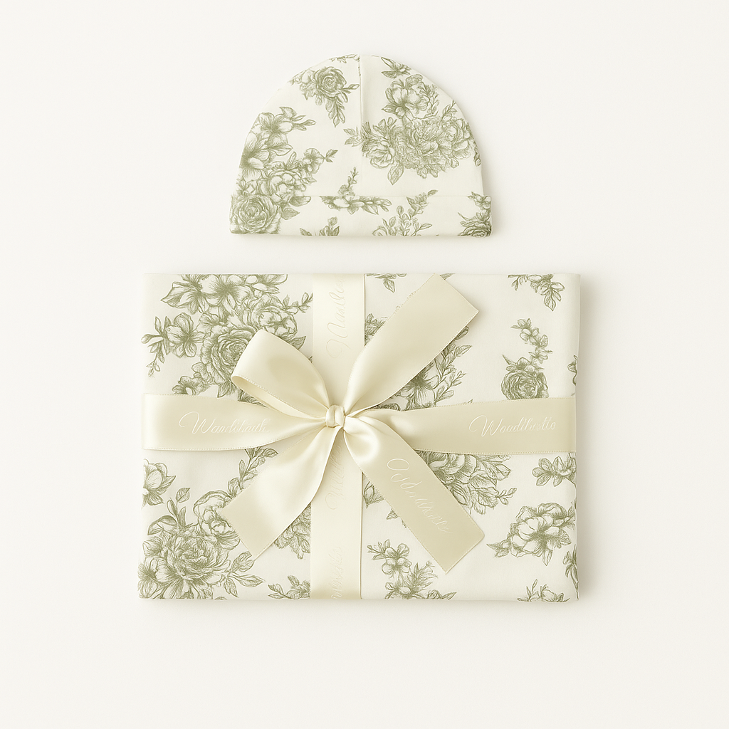 Bamboo Baby Swaddle Blanket &amp; Hat Set in Olive Toile