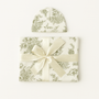 Bamboo Baby Swaddle Blanket & Hat Set in Olive Toile