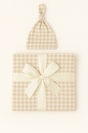 Bamboo Baby Swaddle Blanket & Hat Set in Tan Gingham
